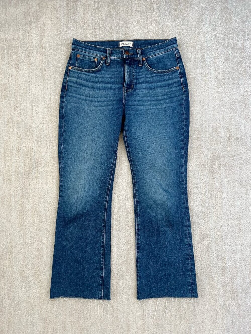Madewell Mid Rise Kick Out Jeans Cropped Flare Blue Raw Hem Sz 28